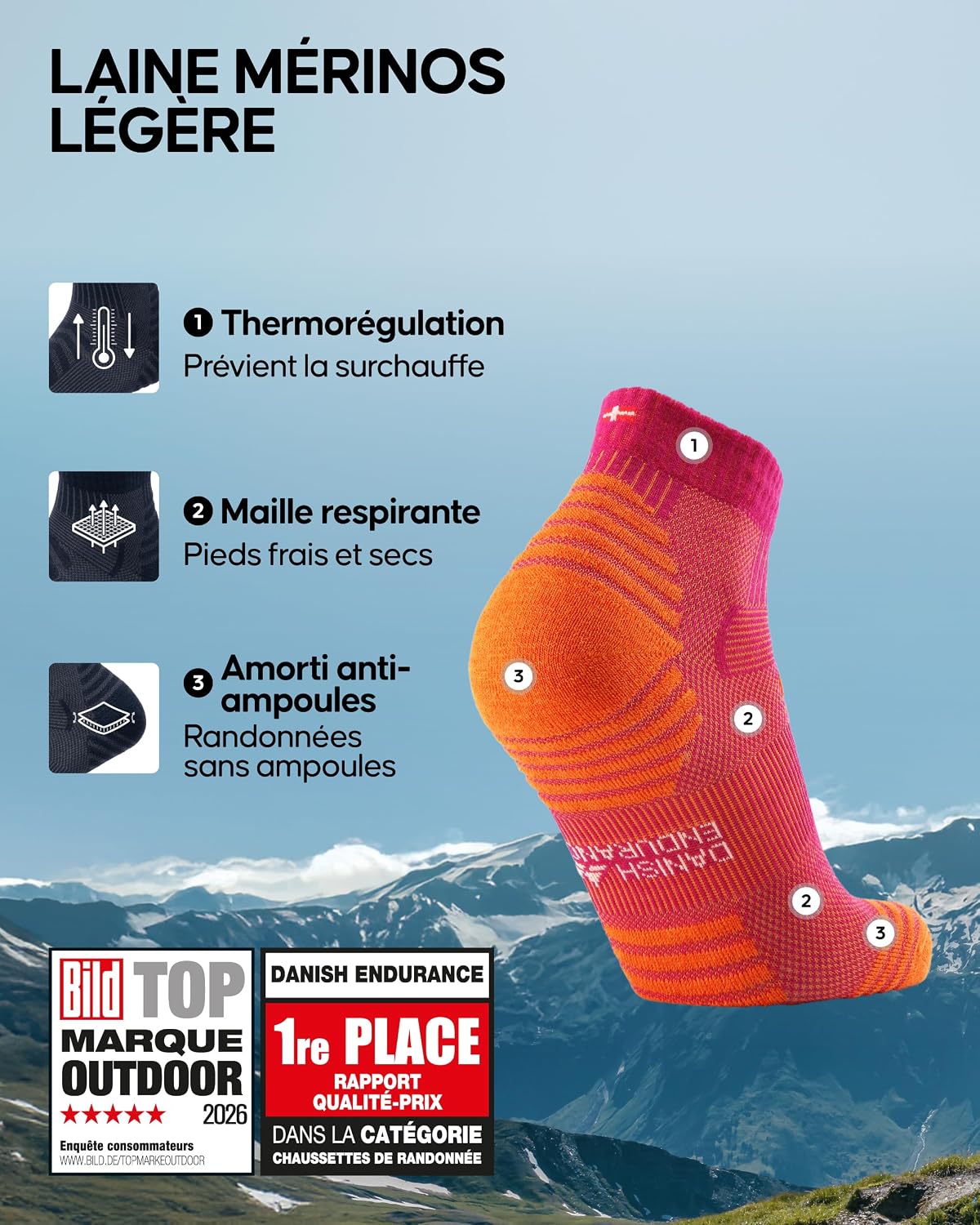 Detalle de DANISH ENDURANCE Chaussettes de Randonnée en Laine Mérinos Légères (3 paires) – Unisex