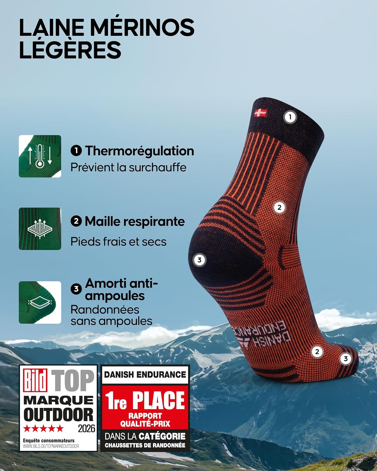 Detalle de DANISH ENDURANCE Chaussettes de randonnée en laine mérinos avec rembourrage léger — 3 & 5 paires (unisex)