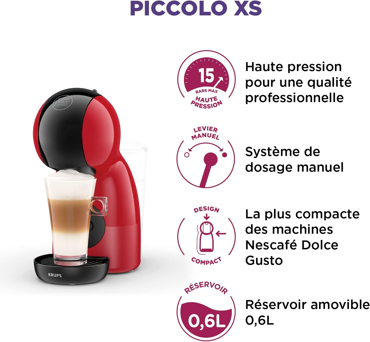 Detalle de Nescafé Dolce Gusto Krups Piccolo XS Rouge KP1A3510 : machine à capsules compacte (15 bars) pour boissons froides ou chaudes