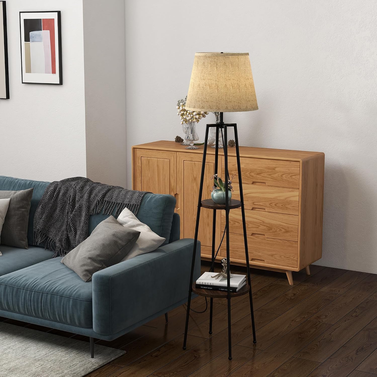 Detalle 2 de HOMCOM Lampadaire sur pied avec 2 étagères – design moderne, abat-jour tissu, noir marron