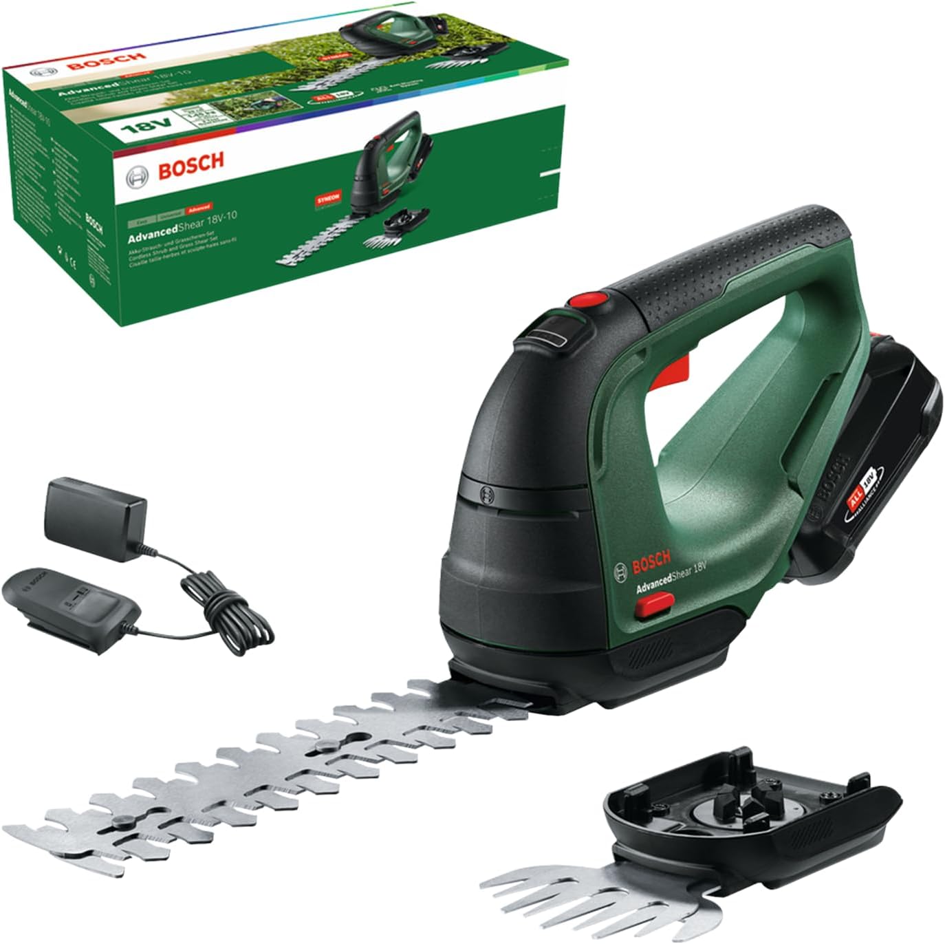 Detalle de Bosch AdvancedShear 18V-10 (sans fil) : cisaille à gazon et taille-haies pour jusqu’à 85 m² par charge