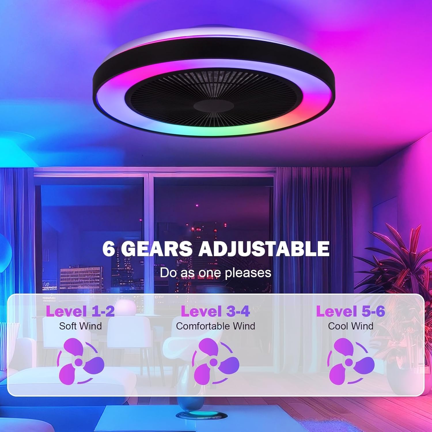Detalle 2 de EKDADL Ventilateur de plafond RGB avec lumière intégrée et télécommande – silencieux, 3 vitesses