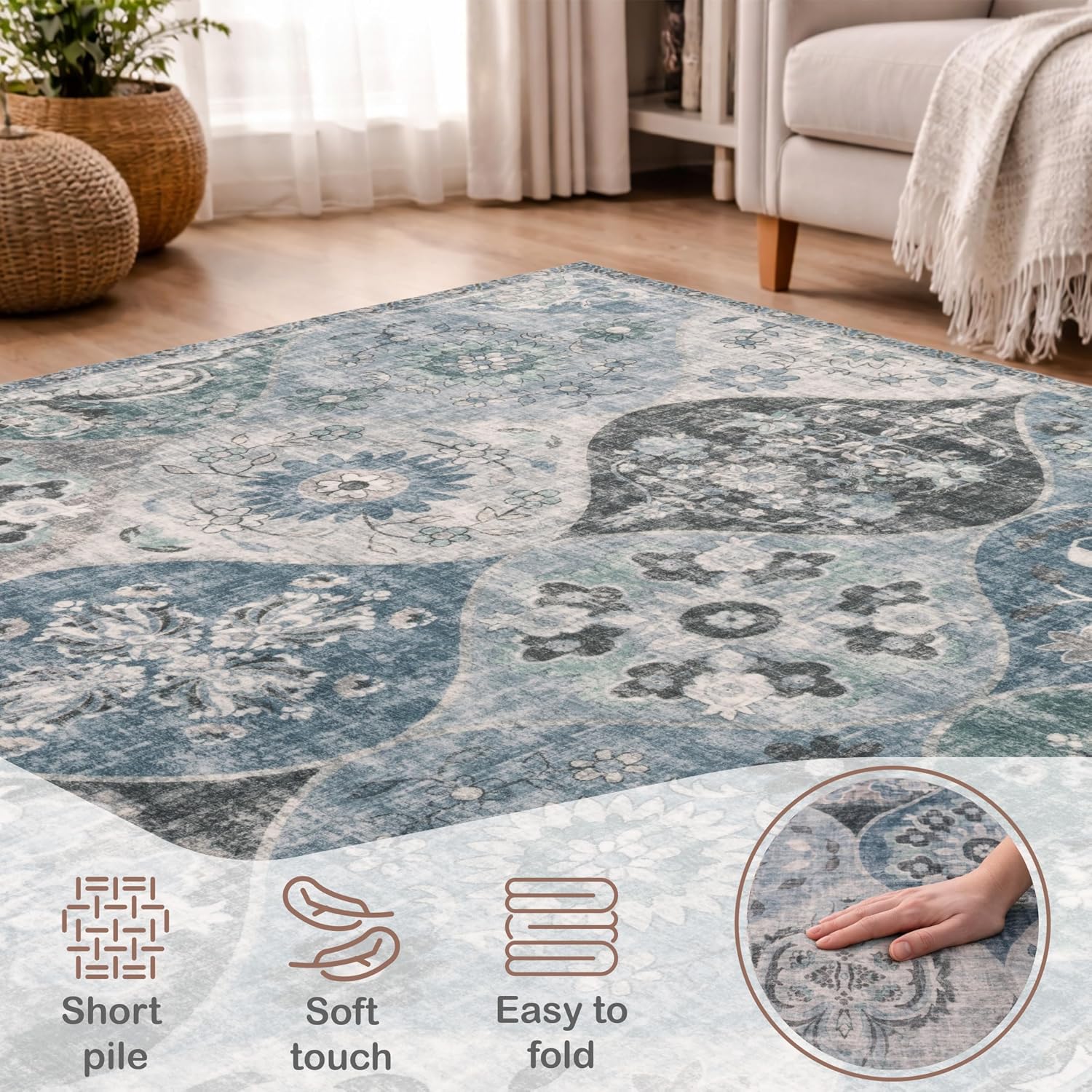 Detalle de Paco Home Tapis de Salon Vintage Poil Court Turquoise 160x220 cm – Confort Doux et Design Retro Moderne