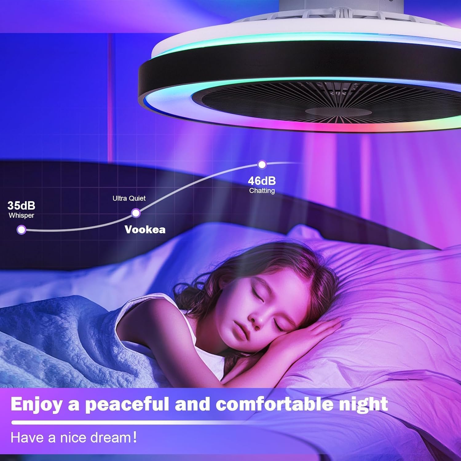 Detalle de EKDADL Ventilateur de plafond RGB avec lumière intégrée et télécommande – silencieux, 3 vitesses