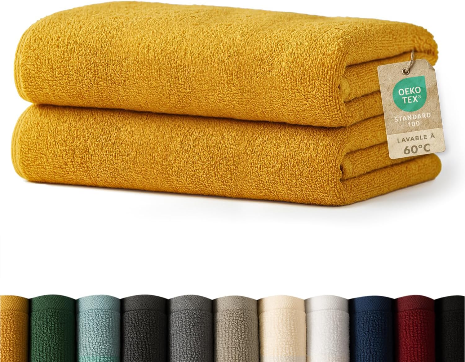 Detalle de Blumtal – Lot de 2 serviettes de bain jaune moutarde 70x140 cm en coton certifié Oeko-Tex®
