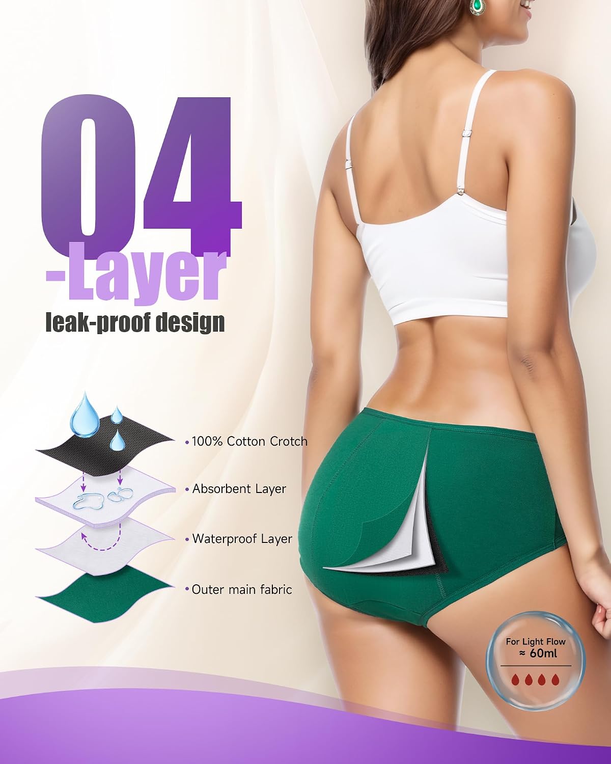 Detalle de Culotte menstruelle TANSTC en coton (lot de 3) – protection anti-fuite lavable