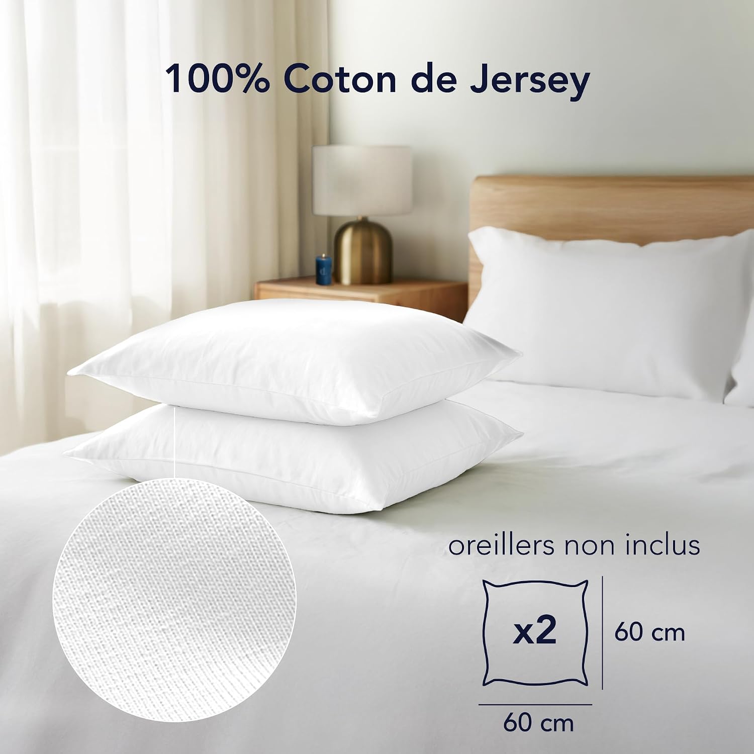 Detalle de Dreamzie Taie Oreiller 60x60 cm (lot de 2) en coton jersey 100% – Blanc