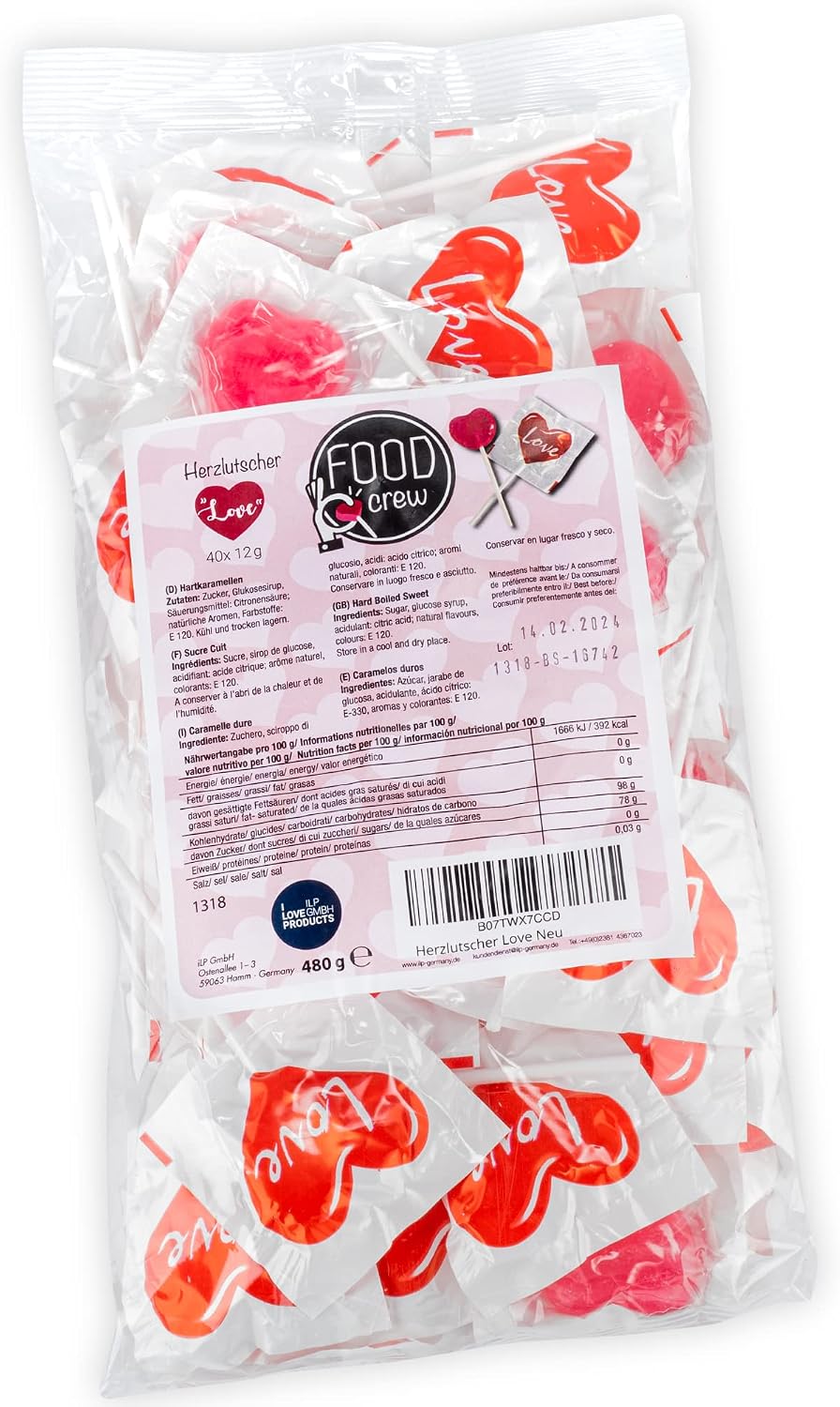 Detalle de FOOD crew Sucette Coeur Love – 40 sucettes cœur, emballage individuel