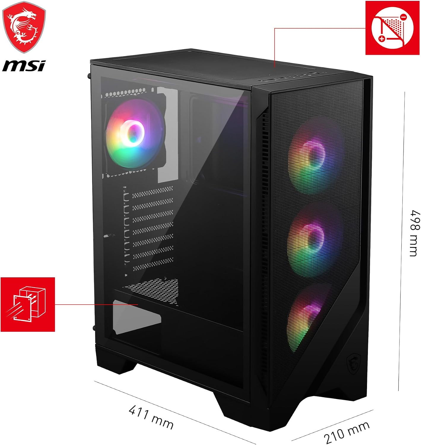 Detalle de MSI MAG Forge 120A Airflow — boîtier PC moyen tour ATX, Micro-ATX et Mini-ITX avec façade mesh et 6 ventilateurs auto-RGB