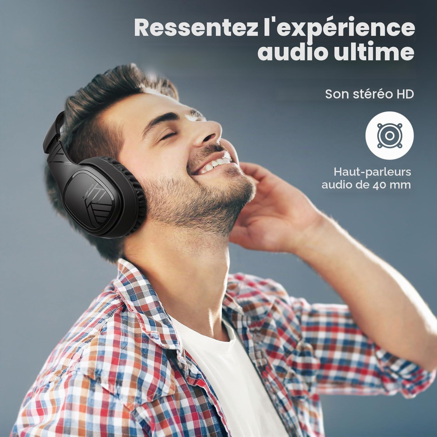 Detalle de PowerLocus Casque Bluetooth sans Fil – 60 Heures d’autonomie, micro, pliable et confort sur l’oreille