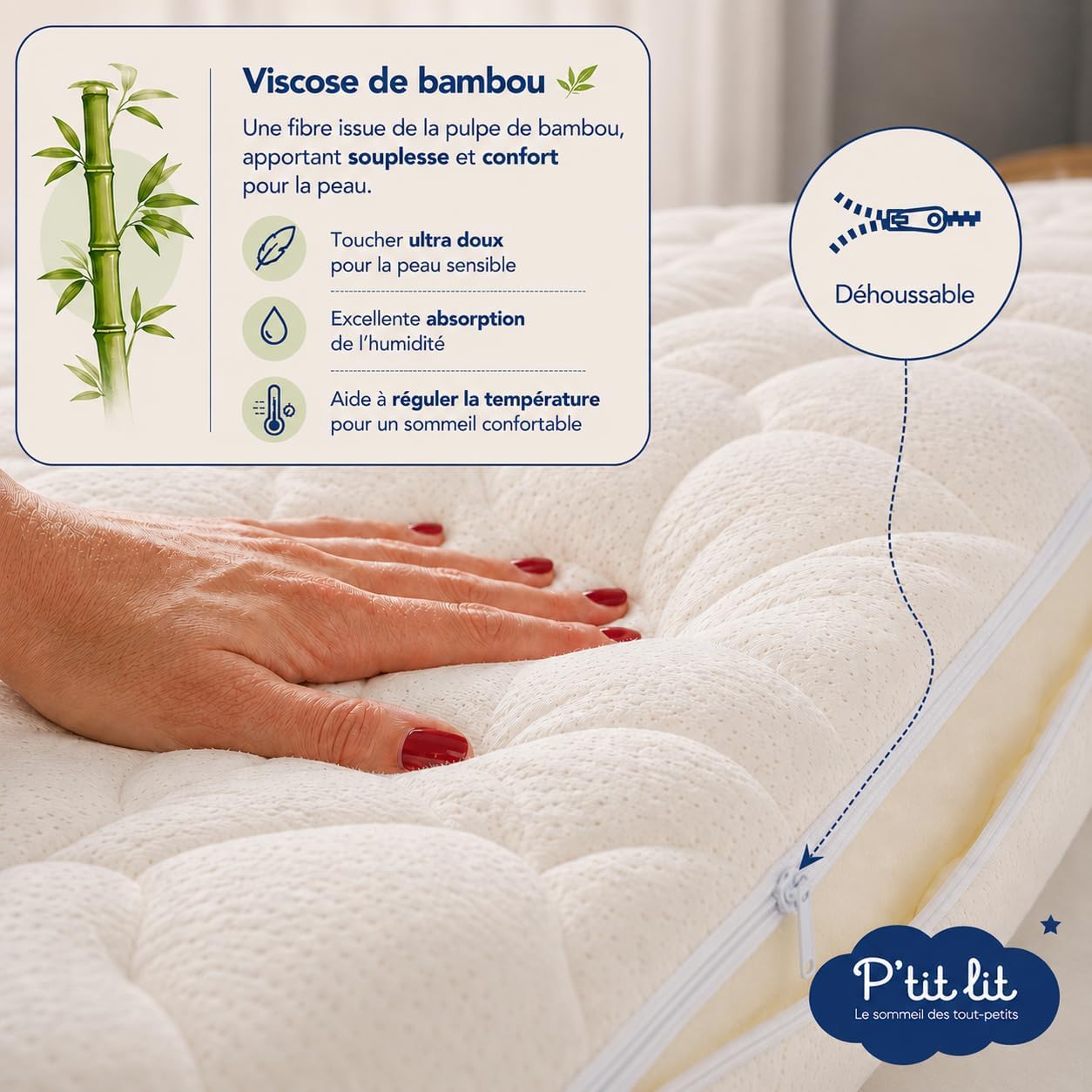 Detalle 2 de P'TIT LIT Matelas Bébé Bamboo 60x120 cm — Visco doux, déhoussable et fabrication Française