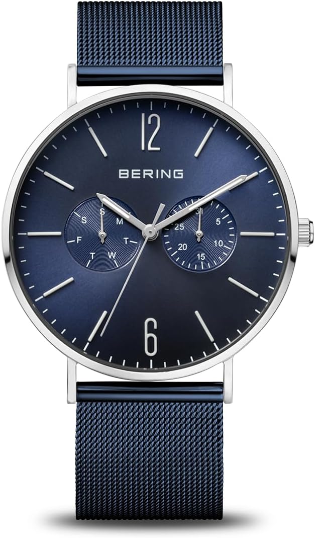 Detalle de BERING Montre Homme Quartz 40 mm – Boîtier argenté en acier inoxydable, cadran bleu, bracelet Milanese et cristal en sapphire