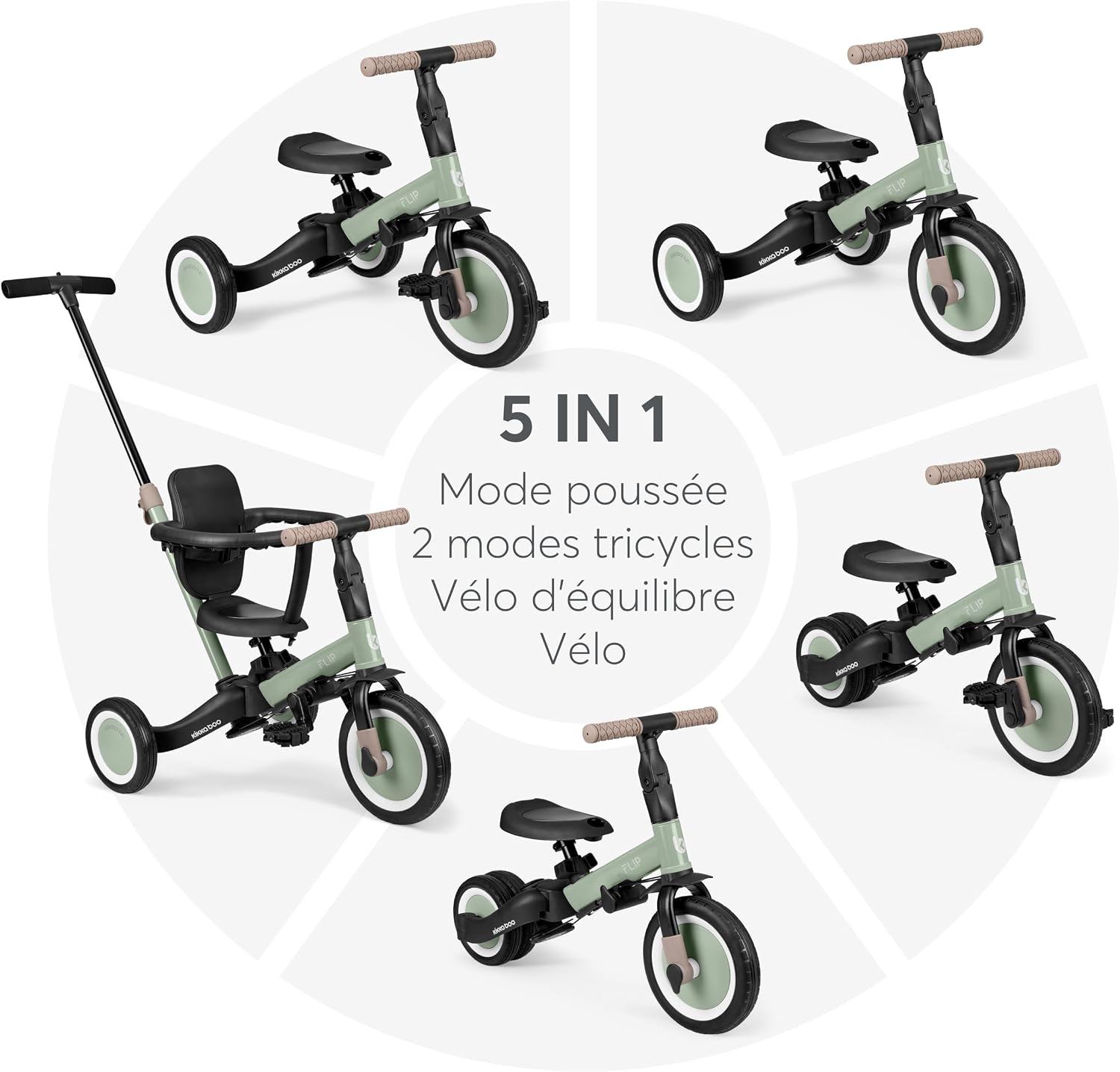 Detalle de KikkaBoo Tricycle Bébé Évolutif 5 en 1 Flip - Vélo enfant 1 à 5 ans, Vert Militaire