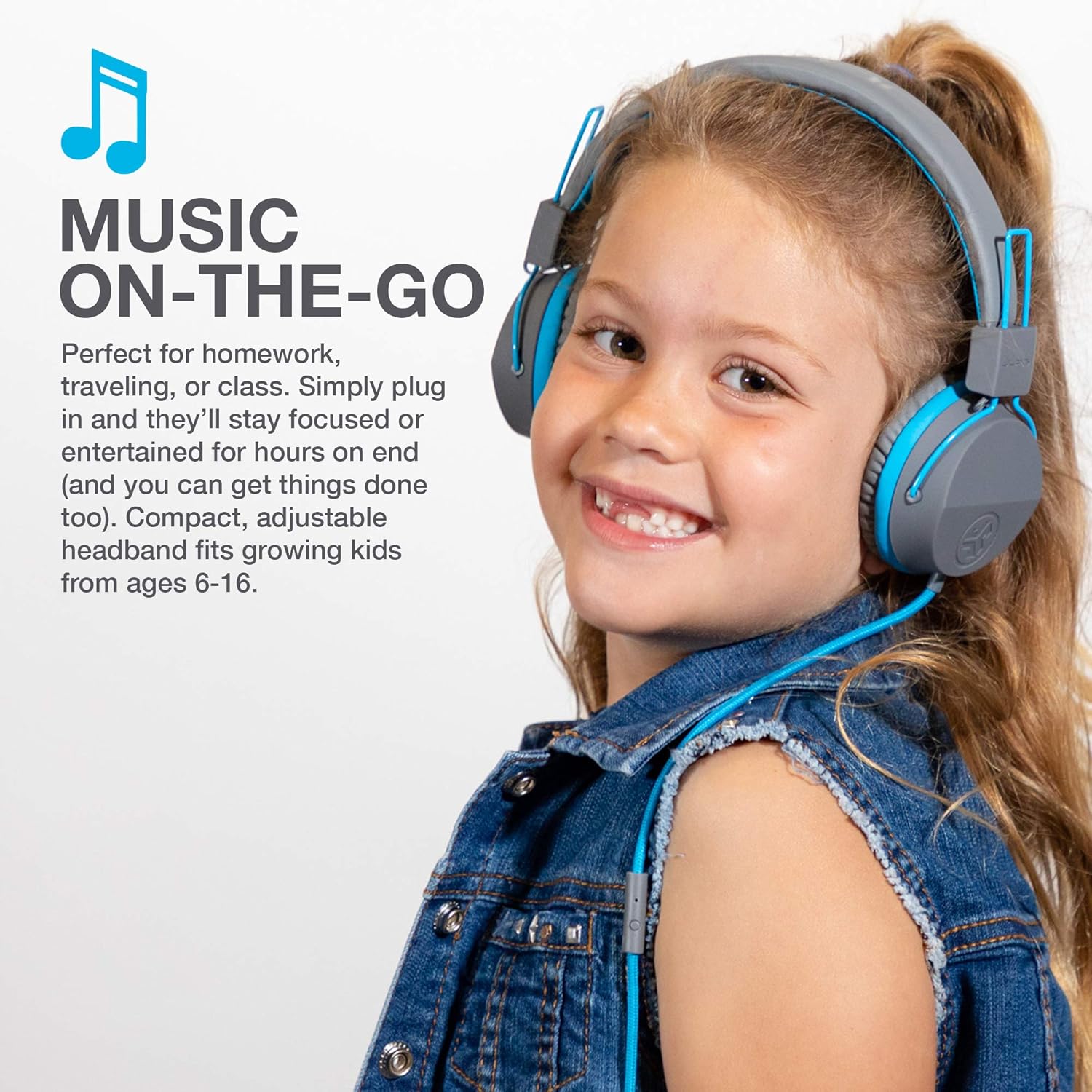 Detalle de JLab JBuddies Studio : casque audio enfant avec fil, limiteur de volume et micro (bleu)