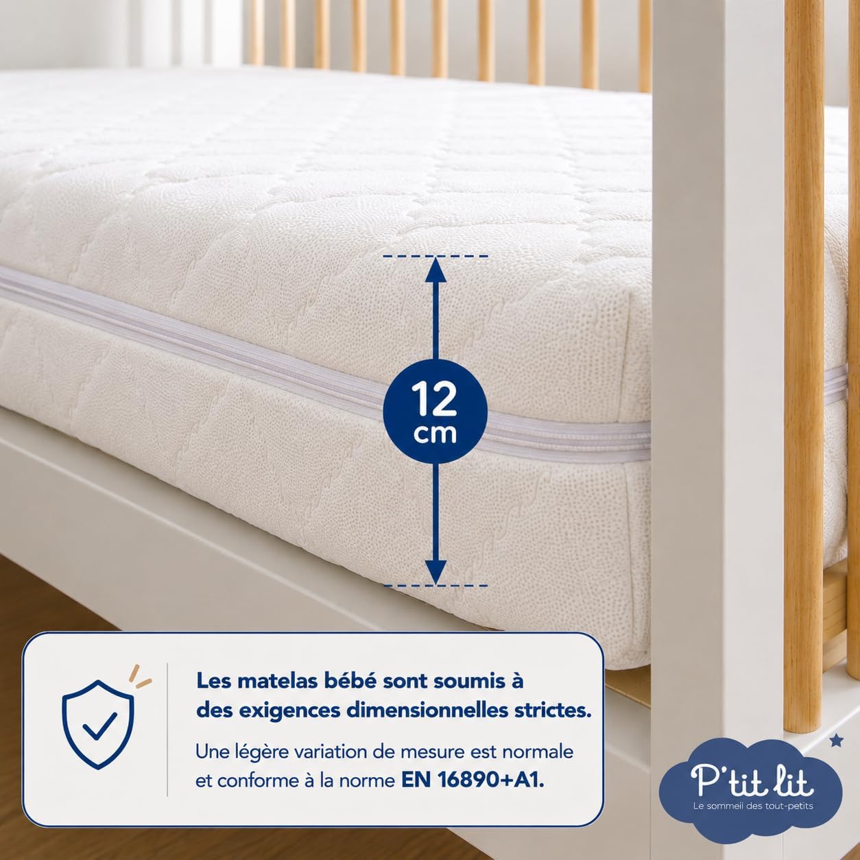 Detalle de P'TIT LIT Matelas Bébé Bamboo 60x120 cm — Visco doux, déhoussable et fabrication Française