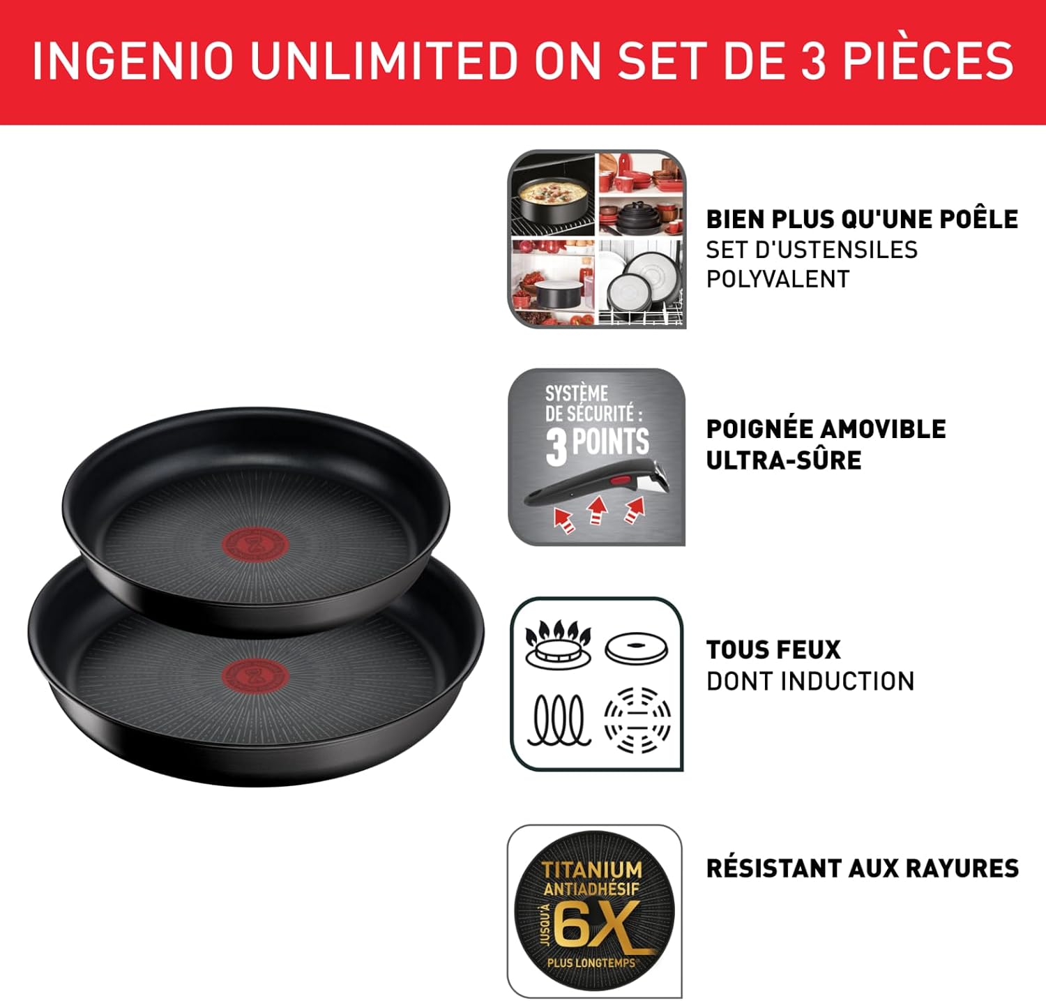 Detalle 2 de Tefal Ingenio Unlimited: Lot de 2 poêles 22/26 cm avec poignée amovible, induction, réacteur antiadhésif et empilable