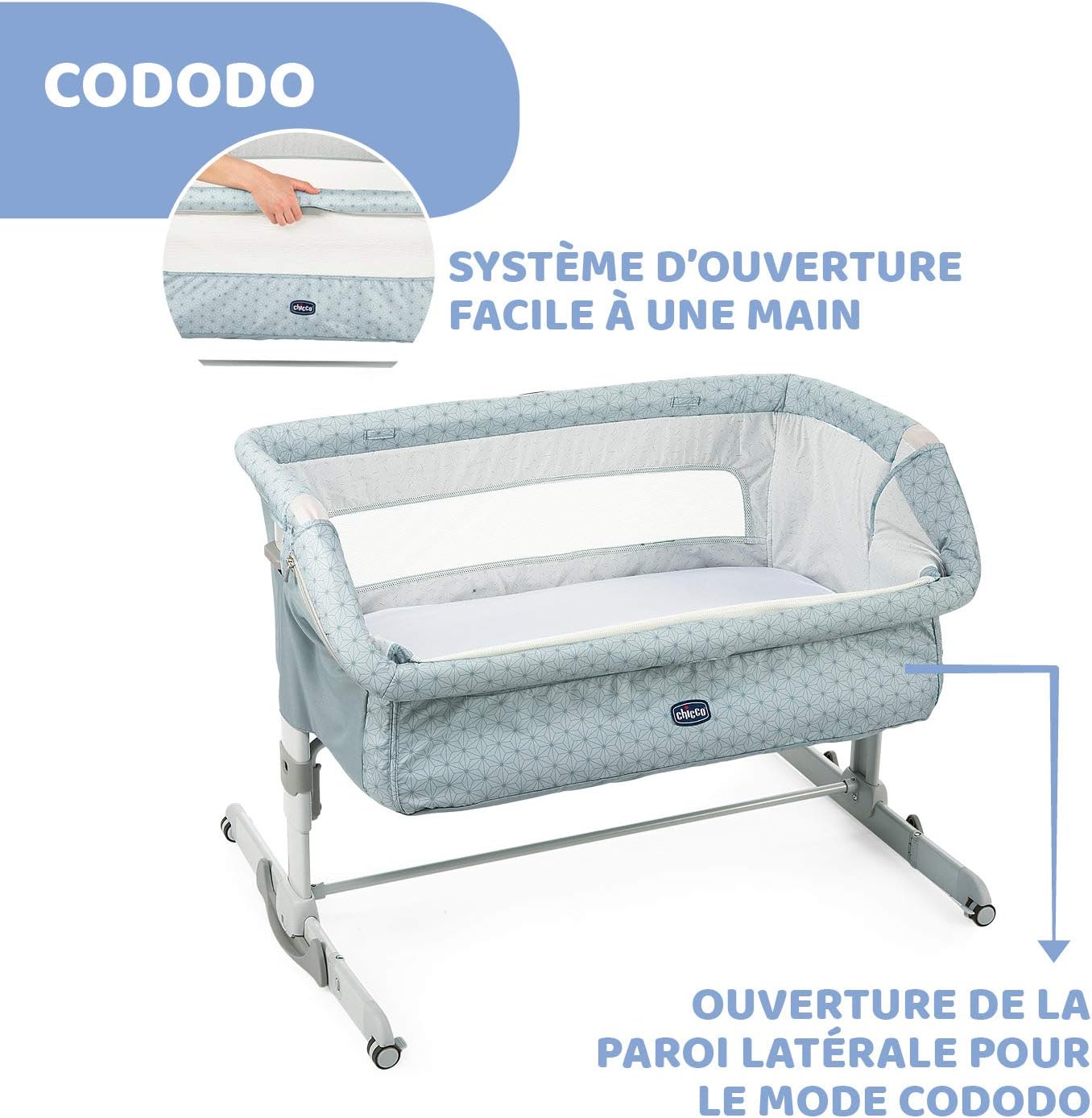 Detalle de Chicco Next2Me Dream berceau cododo avec matelas et rail ouvrant, 0-6 mois (bleu pâle)