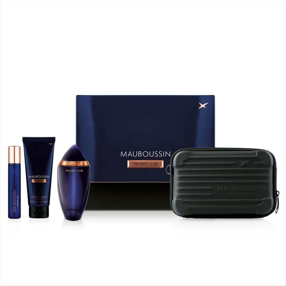 Detalle de Coffret Prestige Private Club Mauboussin : Eau de Parfum 100 ml, gel douche 75 ml, travel spray 20 ml & sac bandoulière