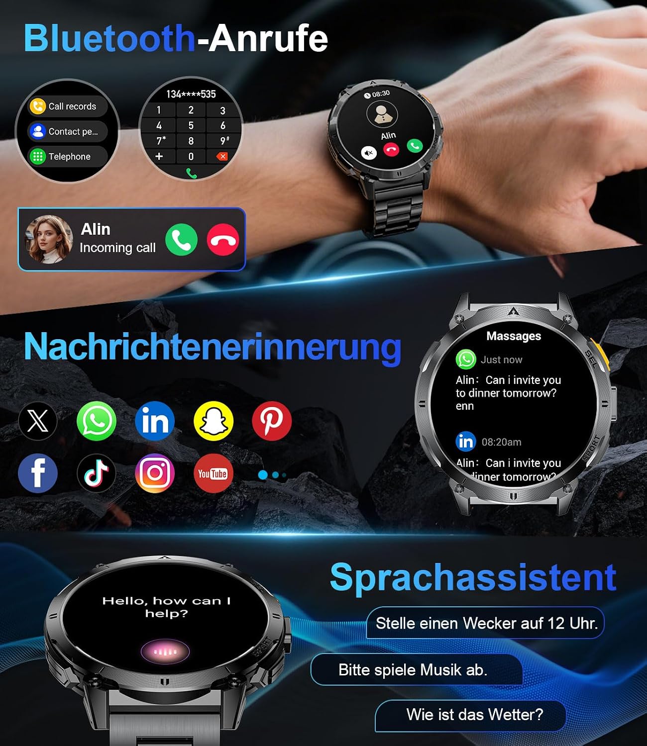 Detalle de BENYAR SMART Montre Connectée Homme avec Torche LED – Écran AMOLED 1,62 pouces, 110+ modes sportifs