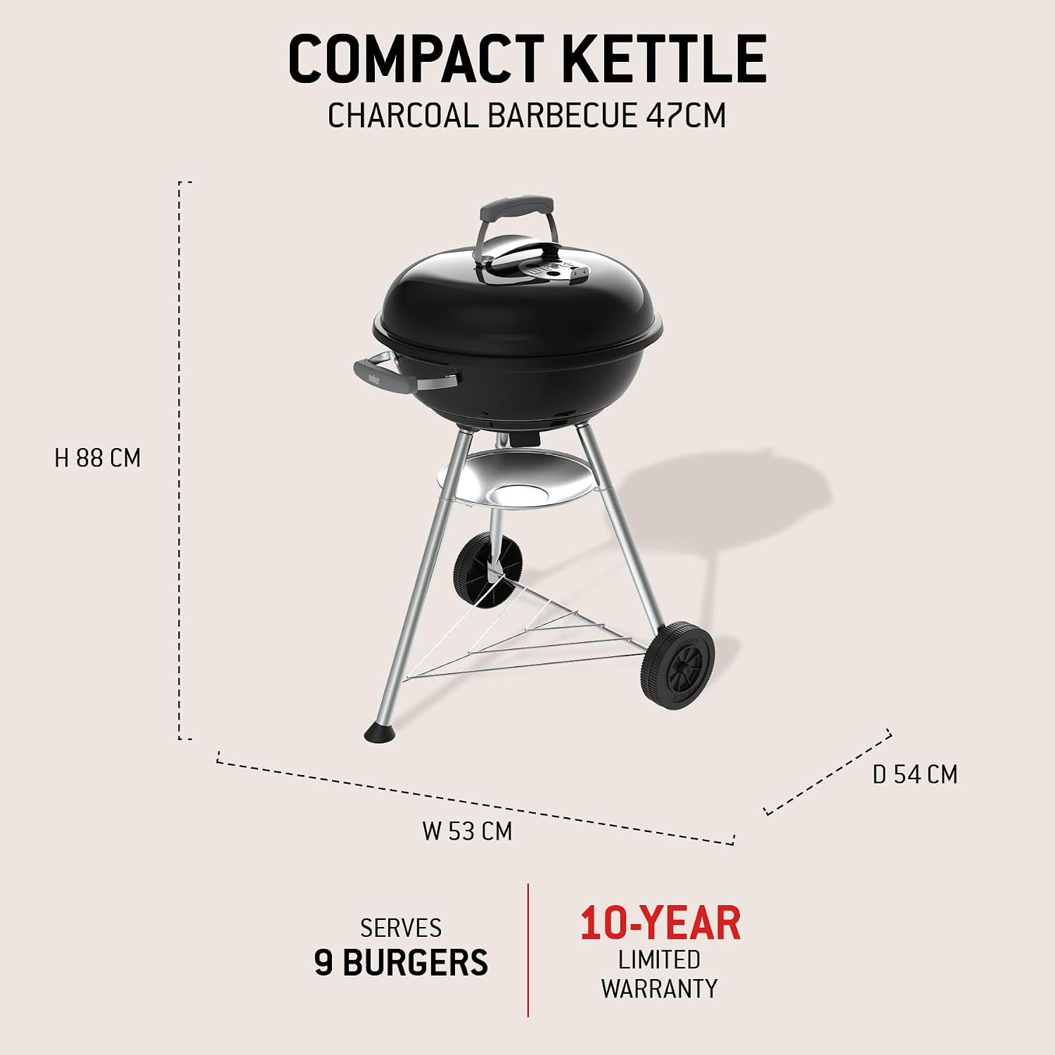 Detalle de Weber Compact Kettle barbecue à charbon (version 2026) – trépied avec roulettes, 47 cm, noir