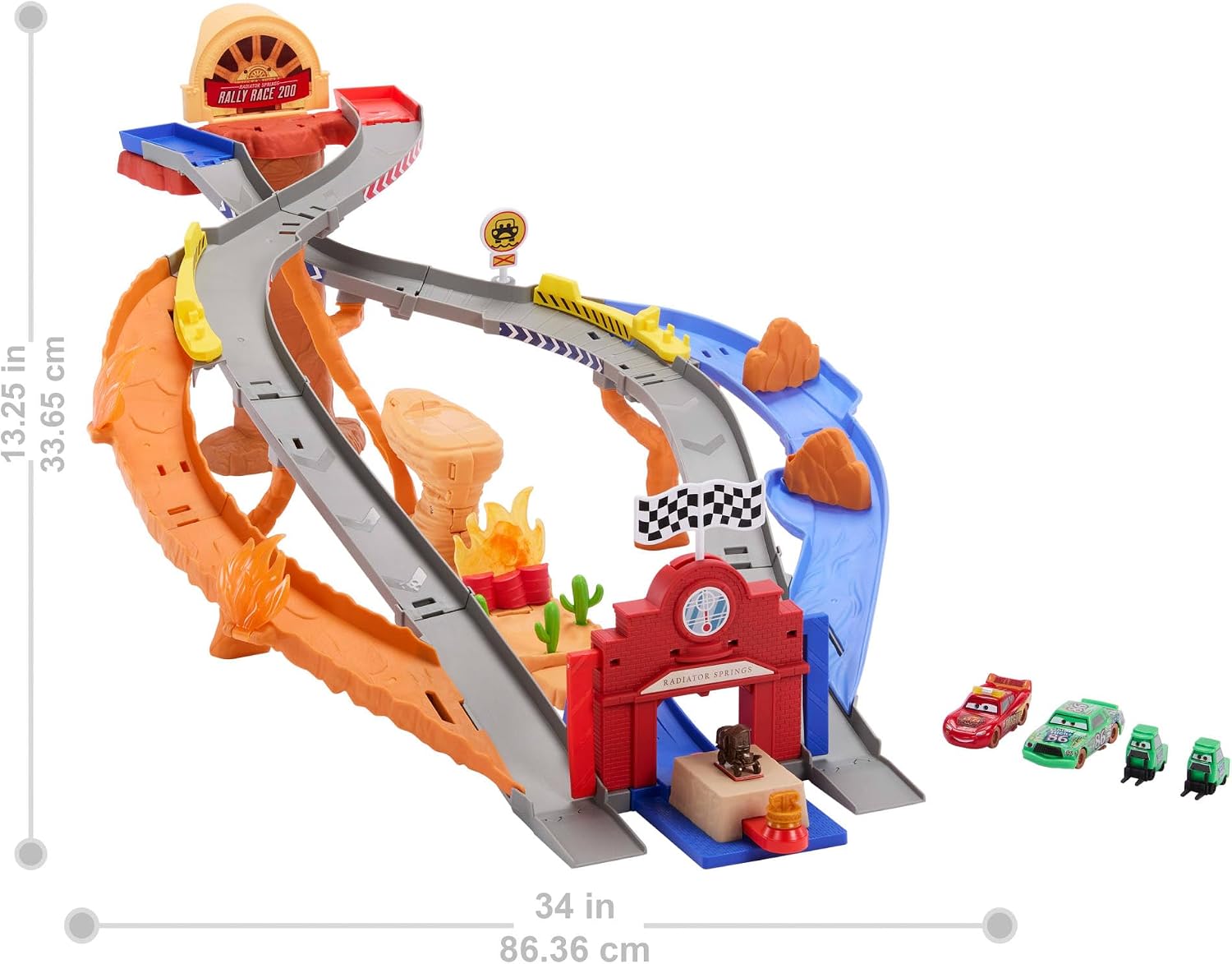Detalle de Mattel Cars Coffret Piste de Course Rescue Road Course (Radiator Springs) avec Flash McQueen, Chick Hicks et 2 véhicules Pitty – JFL57