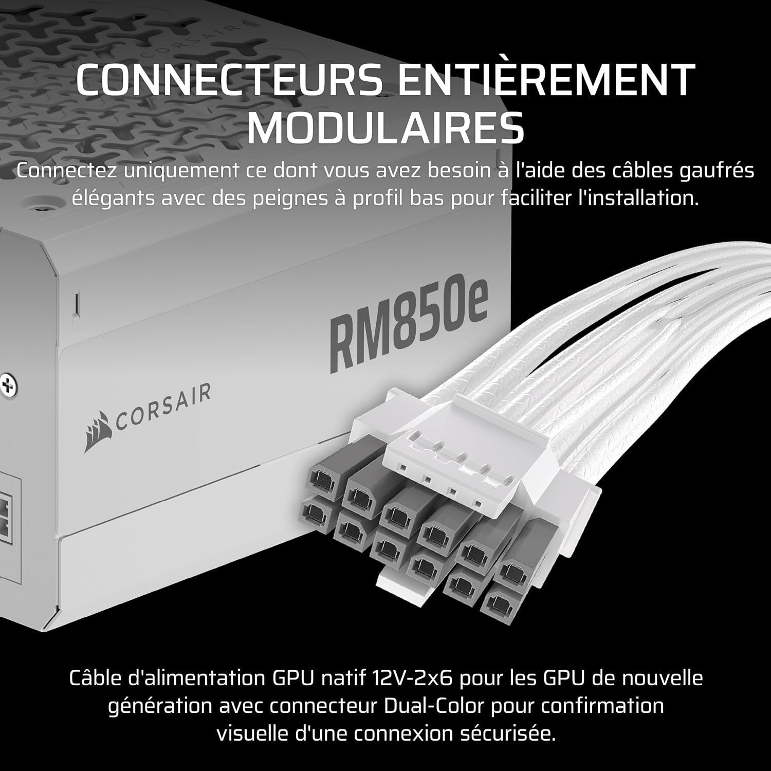 Detalle 2 de Corsair RM850e (2025) : alimentation ATX 850 W entièrement modulaire, silencieuse et certifiée ATX 3.1/PCIe 5.1 (blanc)