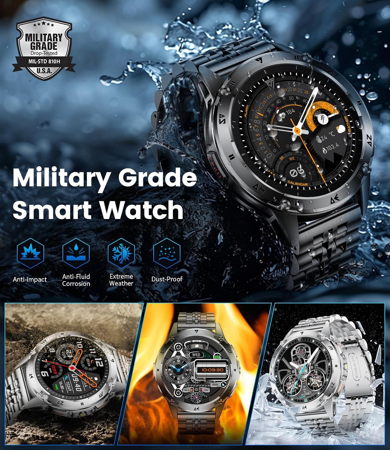 Detalle 2 de CHOOSETIME Montre Connectée Homme - Écran AMOLED 1,43", Appels Bluetooth, 110+ Modes Sportifs, Lampe Torche et Suivi Santé IP68