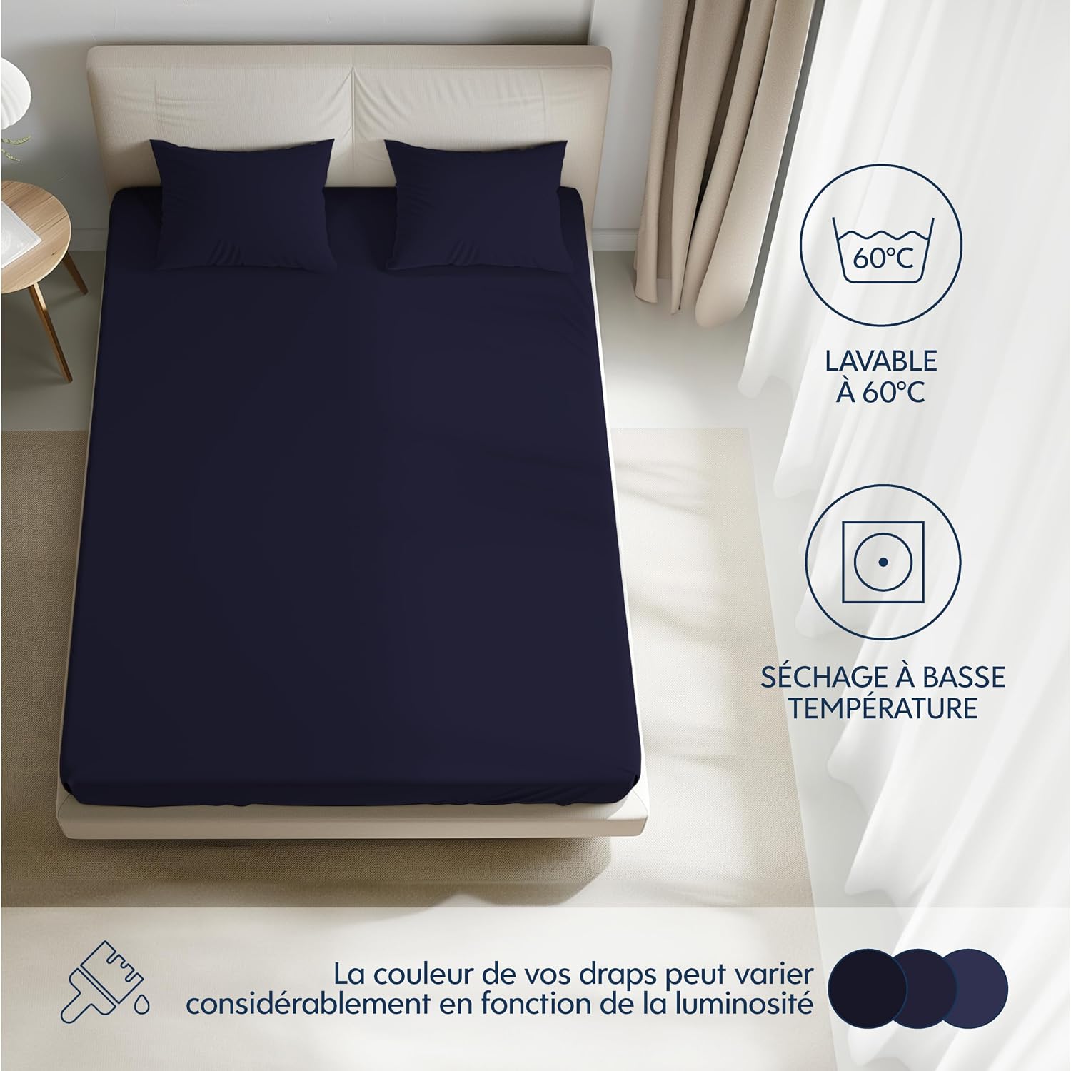 Detalle de Dreamzie Drap housse 160x200 cm en jersey 100% coton premium, bleu foncé (matelas jusqu’à 27 cm)