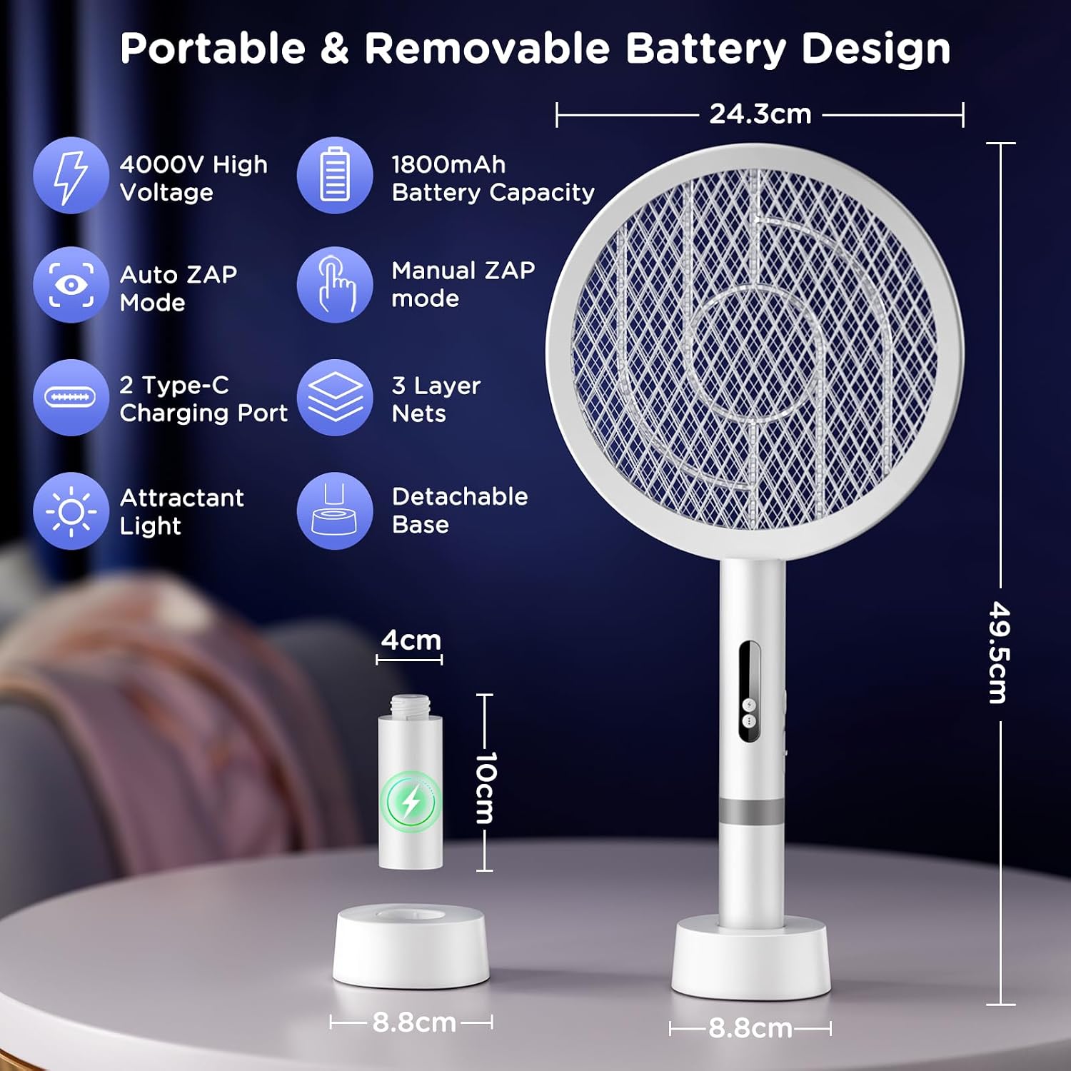 Detalle de BKXCHA 2 en 1 Raquette Électrique Insectes, 4000V – Moustique, 1800mAh, USB Rechargeable, 3 couches de protection