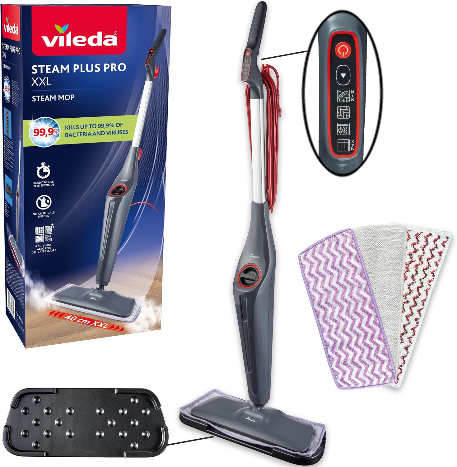Detalle de Vileda Steam Plus Pro XXL Nettoyeur vapeur – nettoyage sans produits chimiques pour grands espaces