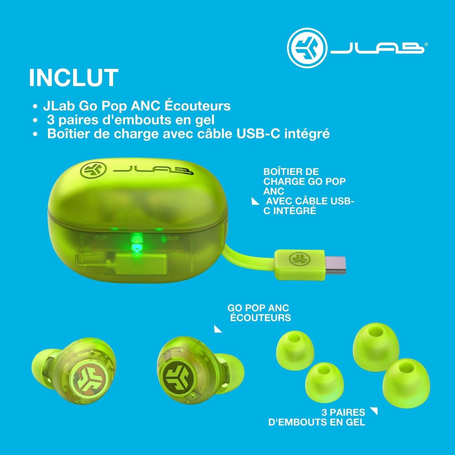 Detalle de JLab Go Pop ANC Écouteurs Bluetooth : réduction de bruit, 24 h d’autonomie et design néon transparent