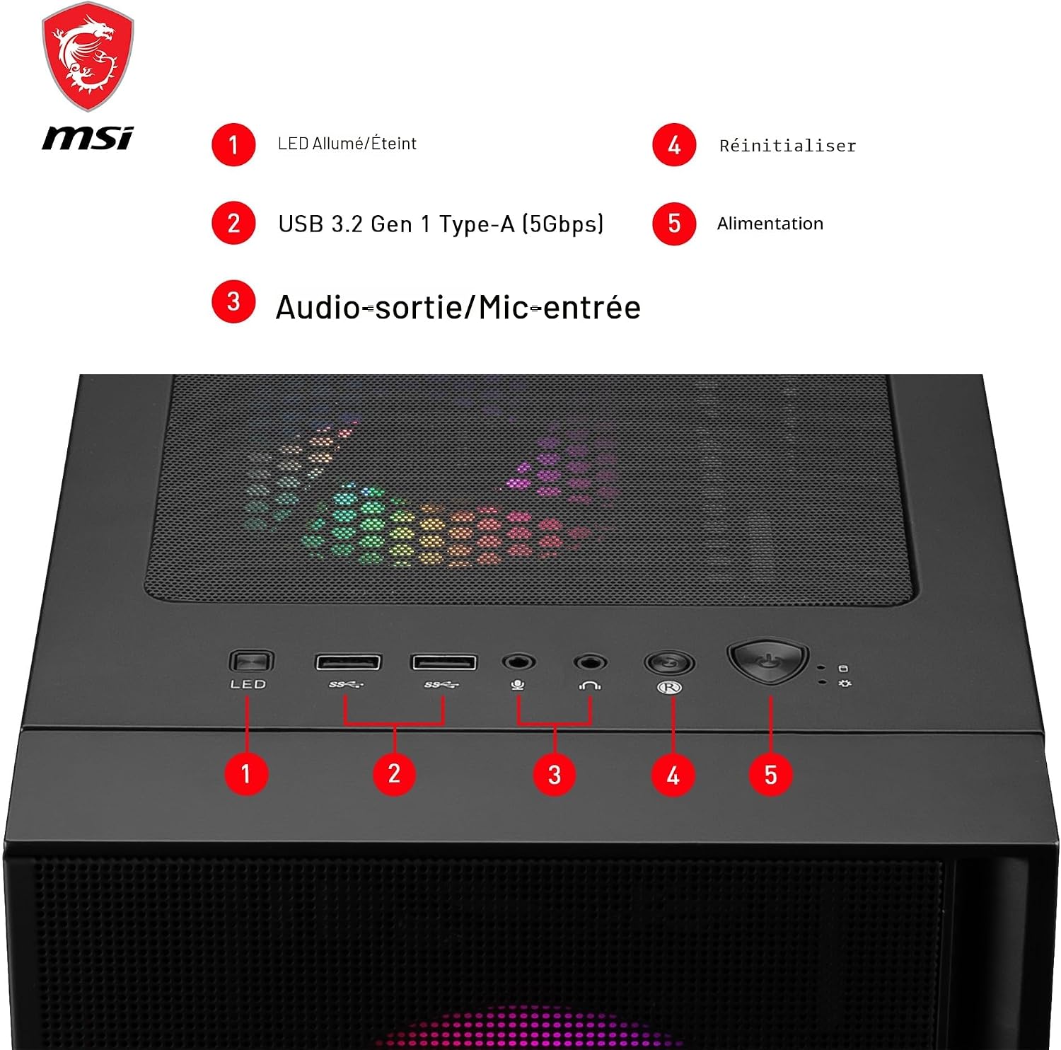 Detalle 2 de MSI MAG Forge 120A Airflow — boîtier PC moyen tour ATX, Micro-ATX et Mini-ITX avec façade mesh et 6 ventilateurs auto-RGB