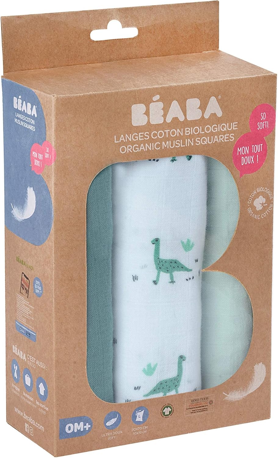Detalle 2 de Béaba Lot de 3 langes bébé en mousseline de coton biologique 70x70 – Motif jurassique