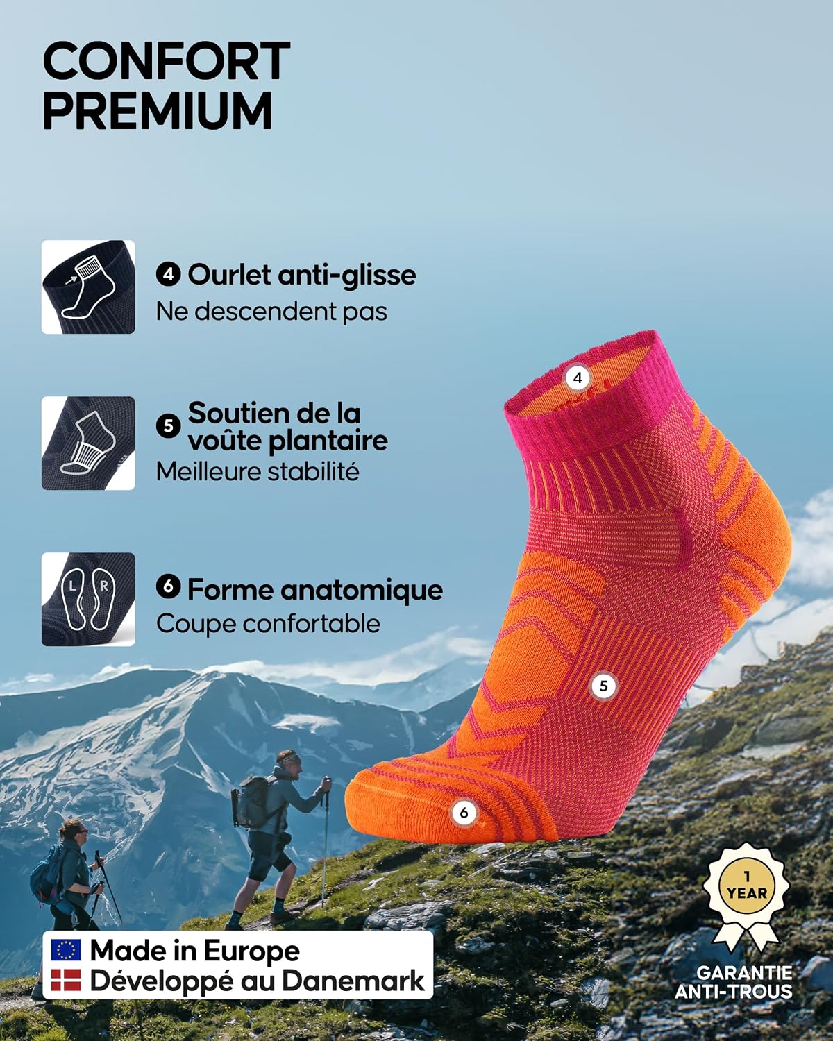 Detalle de DANISH ENDURANCE Chaussettes de Randonnée en Laine Mérinos Légères (3 paires) – Unisex