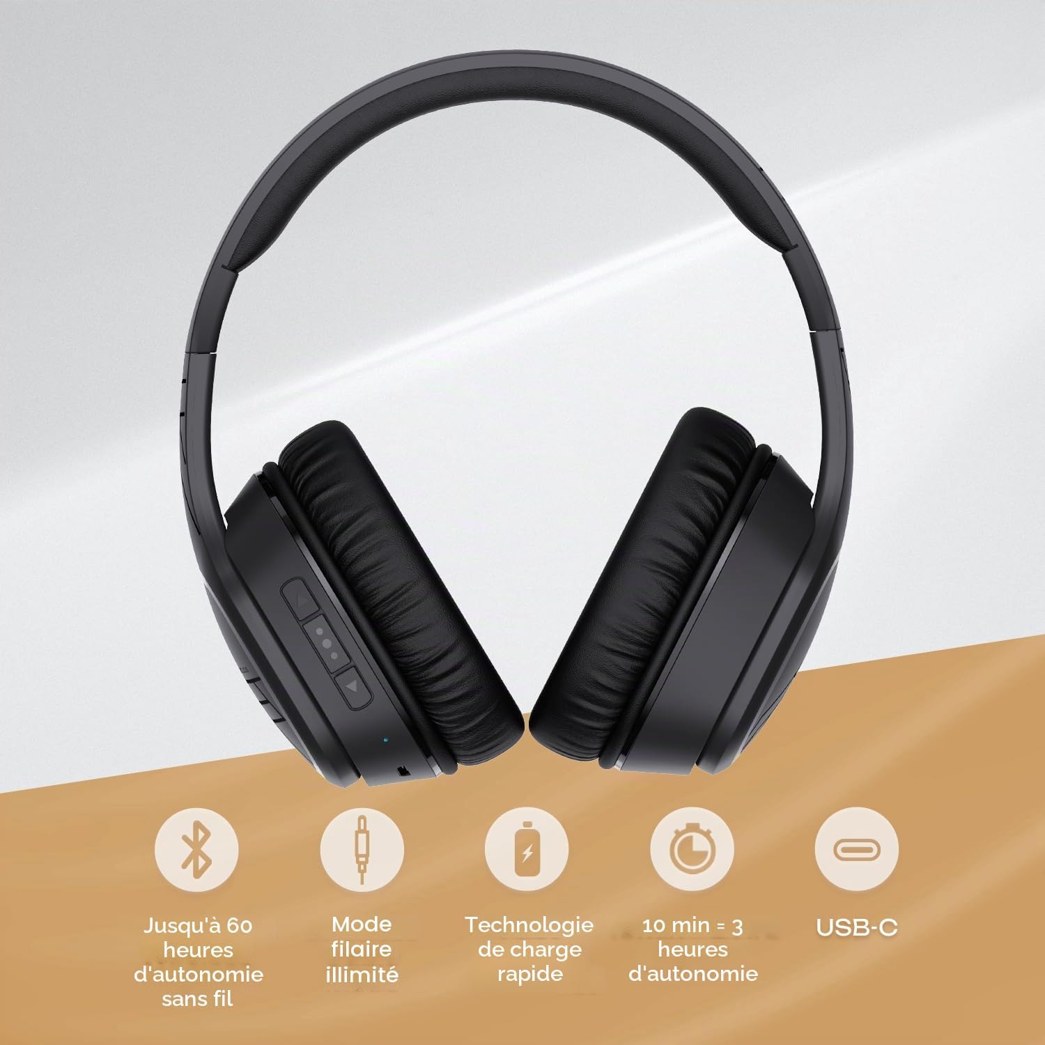 Detalle de PowerLocus Casque Bluetooth sans Fil – 60 Heures d’autonomie, micro, pliable et confort sur l’oreille