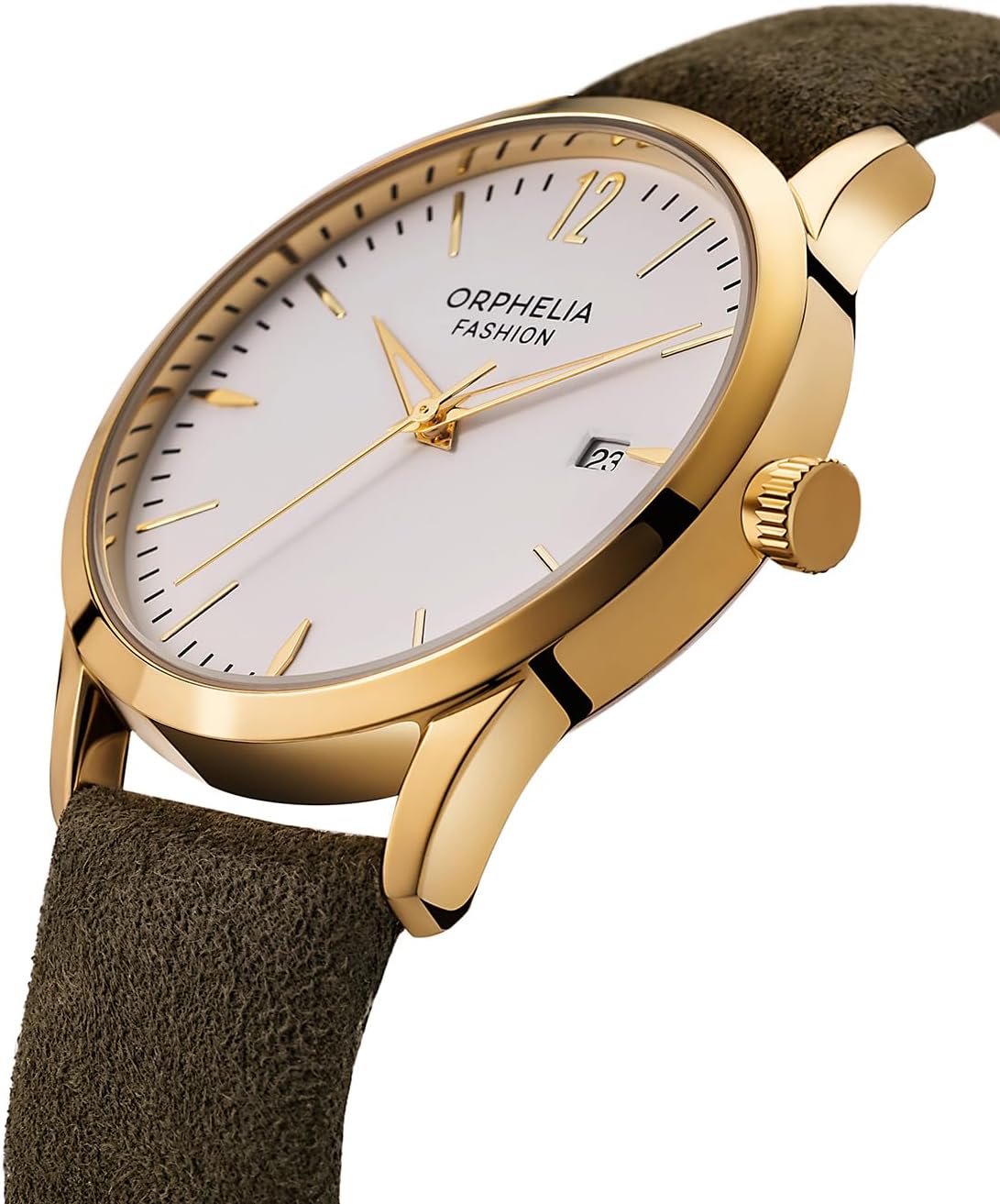 Detalle de Orphelia Fashion Montre Femme – Quartz – Analogique, Bracelet Cuir Daim Vert Doré