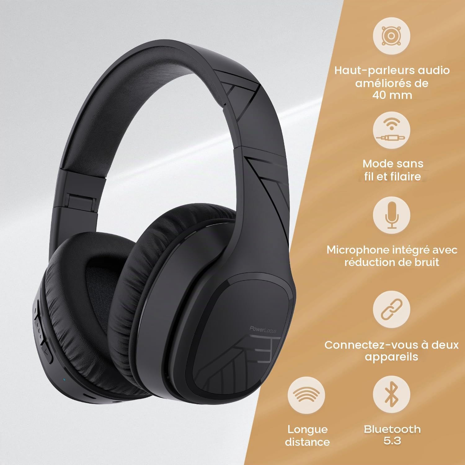 Detalle de PowerLocus Casque Bluetooth sans Fil – 60 Heures d’autonomie, micro, pliable et confort sur l’oreille