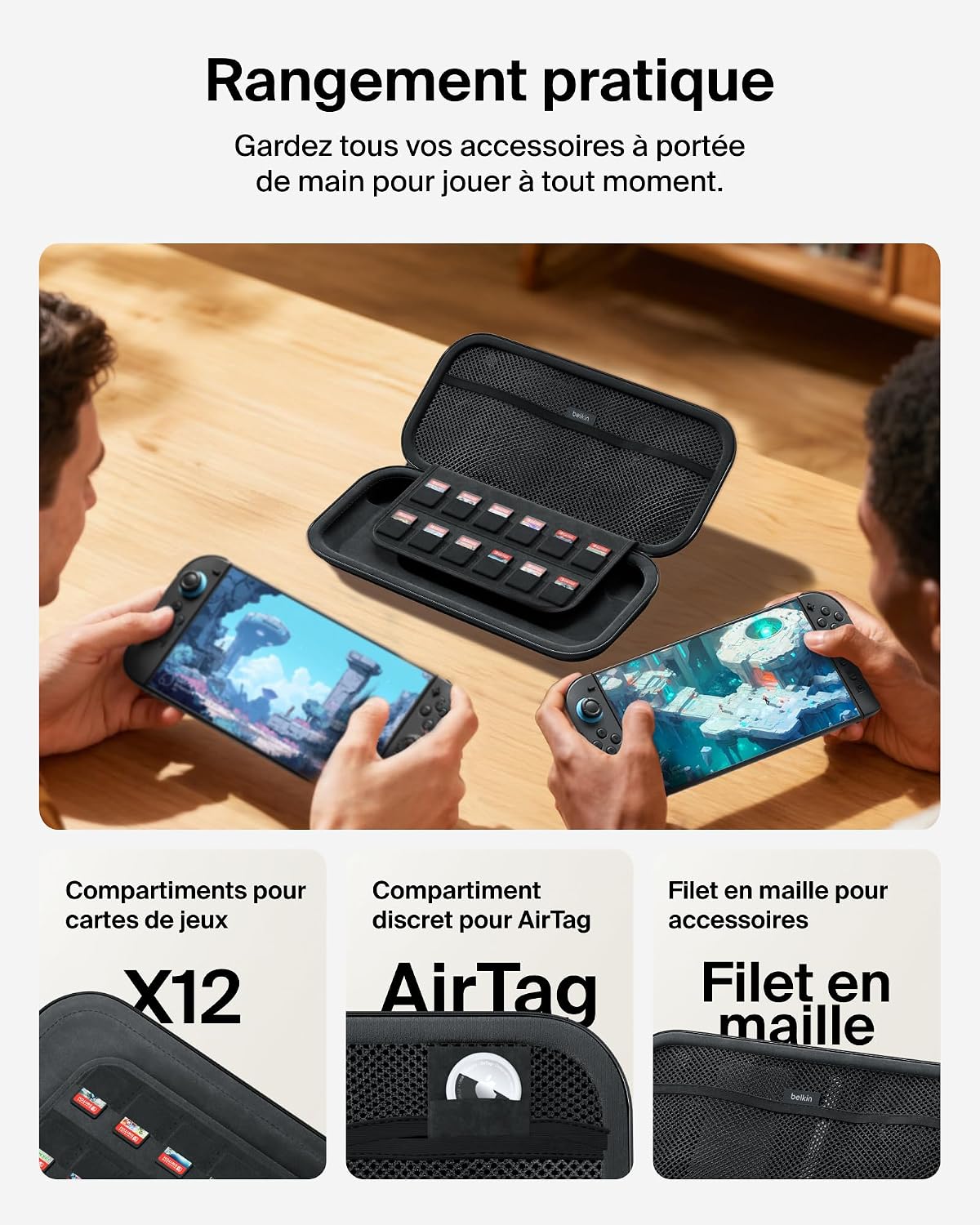 Detalle de Belkin Gaming Pochette pour Nintendo Switch 2 – Étui rigide léger avec compartiment AirTag et 12 emplacements pour cartes