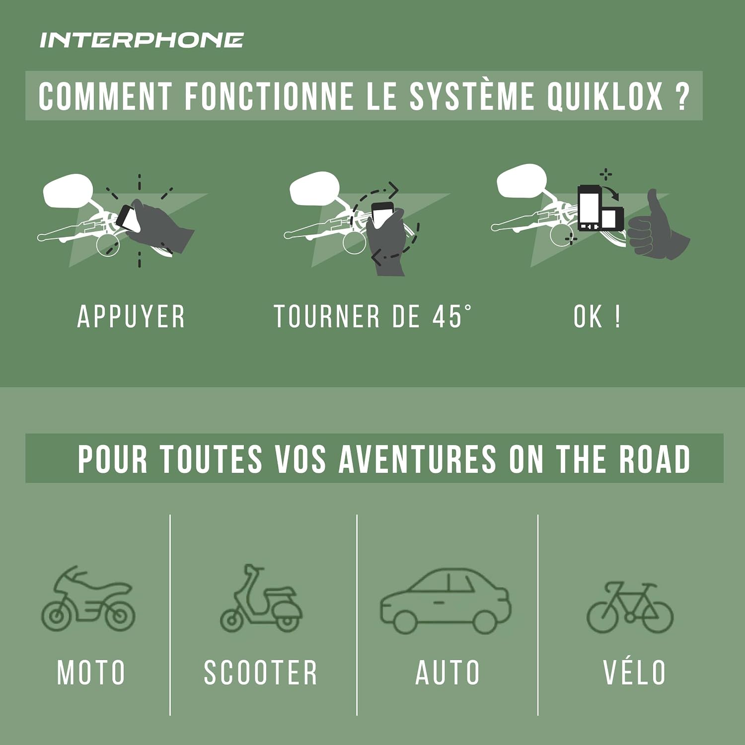 Detalle de Interphone QUIKLOX Support téléphone vélo – Support smartphone fiable pour guidon 22–31,8 mm
