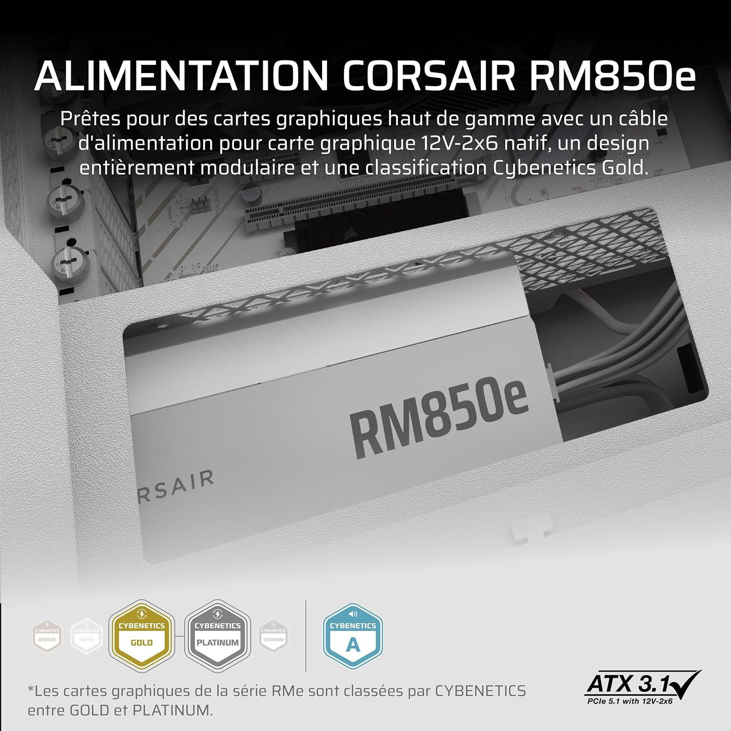 Detalle 2 de Corsair RM850e (2025) : alimentation ATX 850 W entièrement modulaire, silencieuse et certifiée ATX 3.1/PCIe 5.1 (blanc)