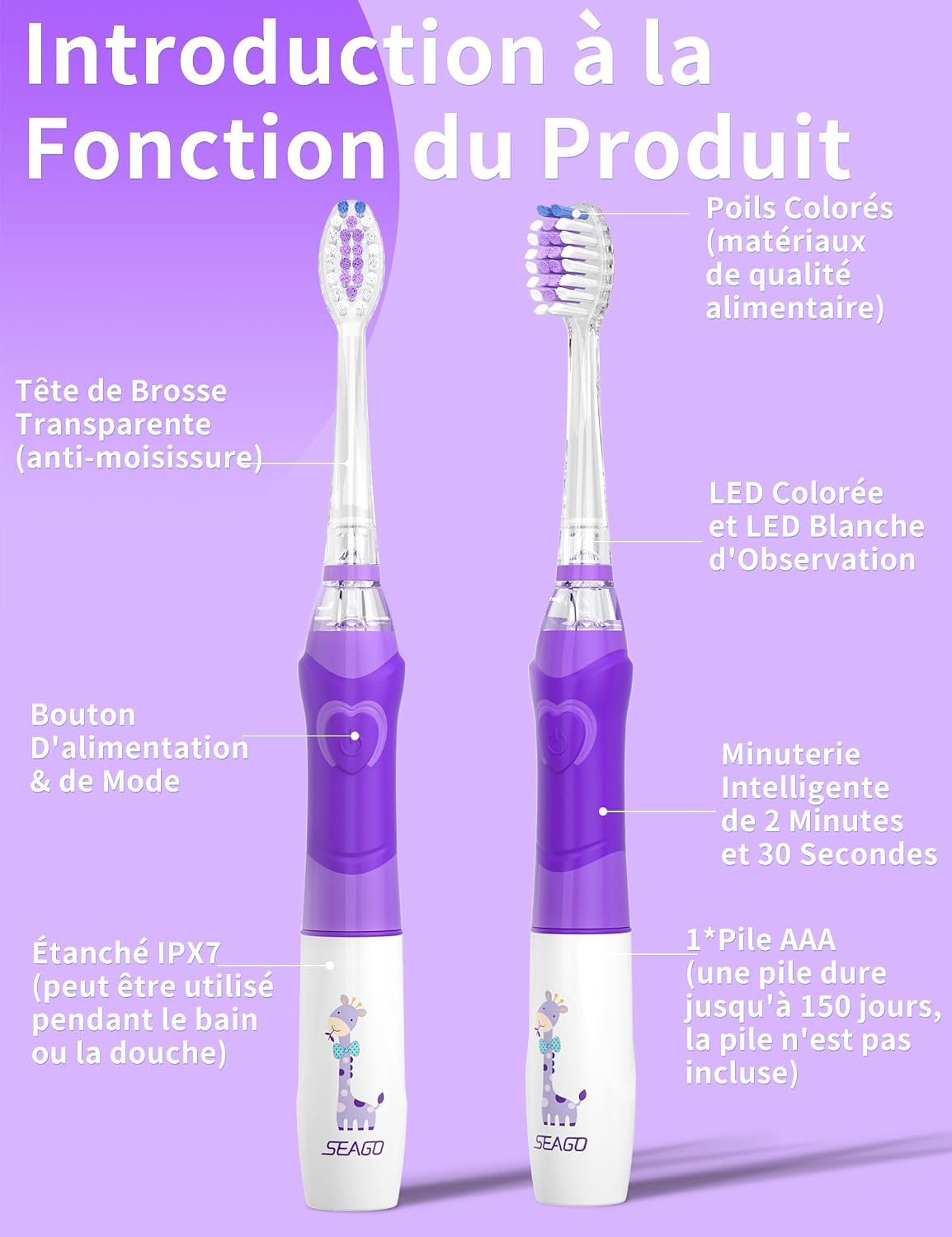 Detalle de Seago brosse à dents électrique enfant SG977 Violet – 4 têtes, LED colorées, minuterie 2 min, IPX7