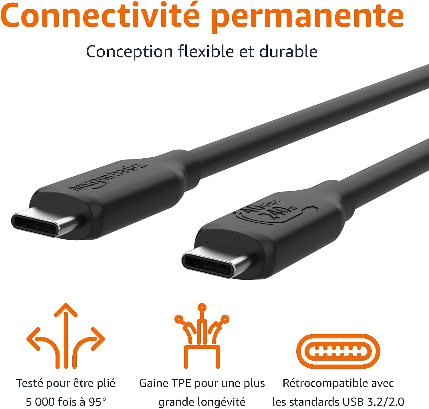 Detalle de Amazon Basics Câble USB‑C vers USB‑C 4 (Thunderbolt 4/3) 240 W, données 40 Gbit/s, vidéo 8K, 1 m noir