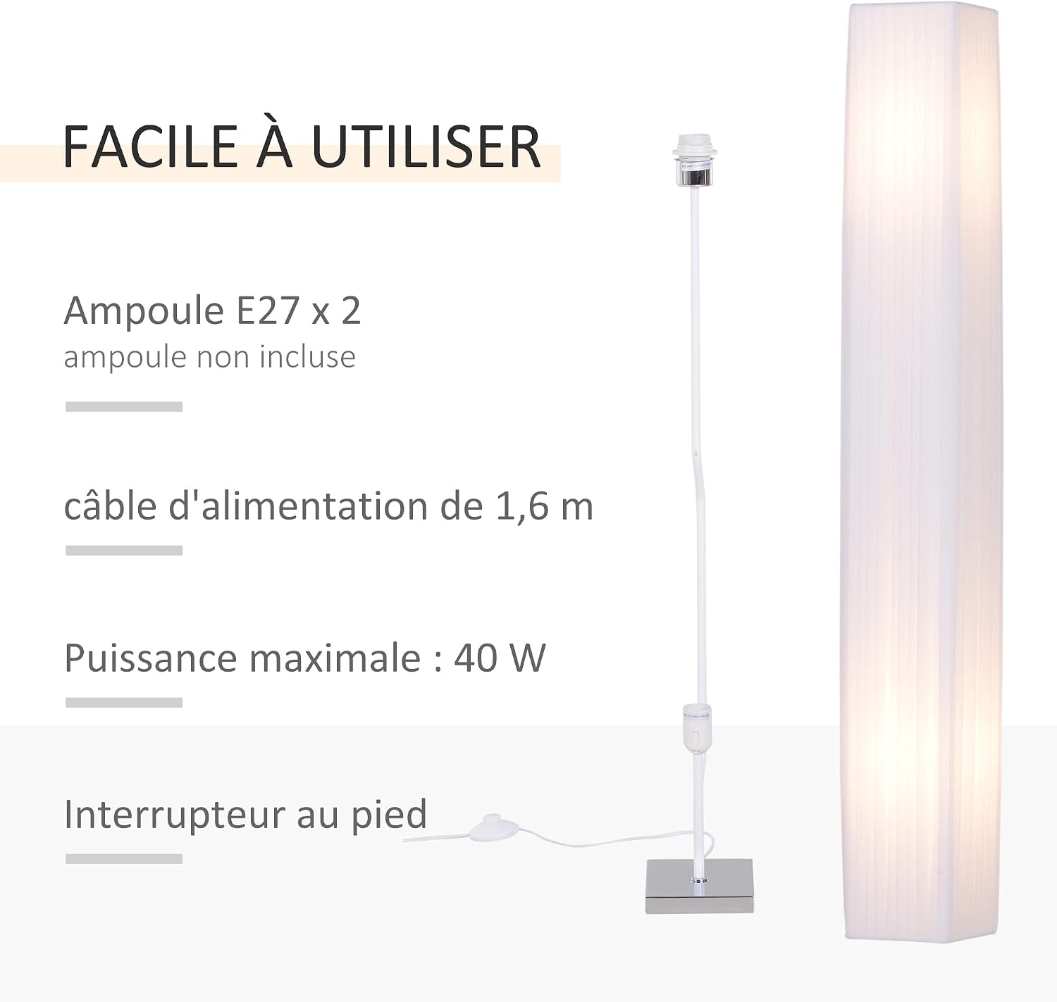 Detalle de HOMCOM Lampadaire sur pied moderne 120 cm, abat-jour blanc et interrupteur au pied
