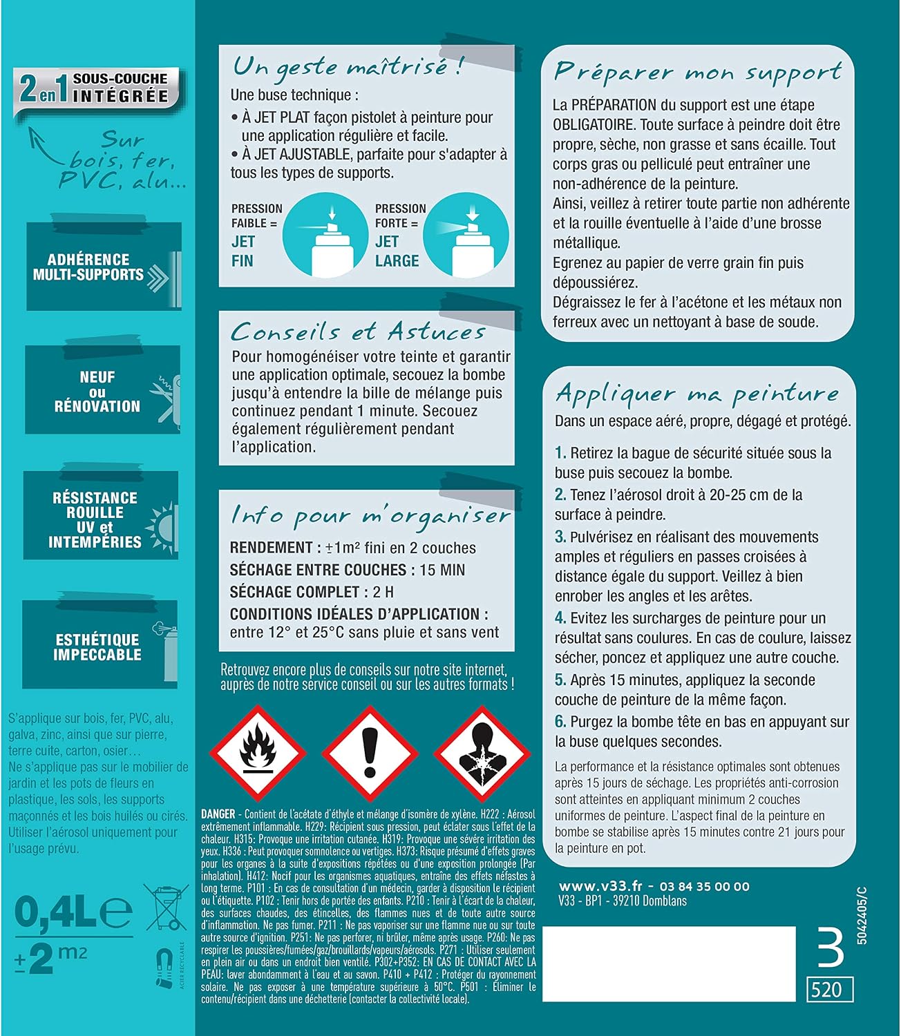 Detalle 2 de V33 Aérosol Extérieur Multi-matériaux 400ml – Gris Galet RAL 7045