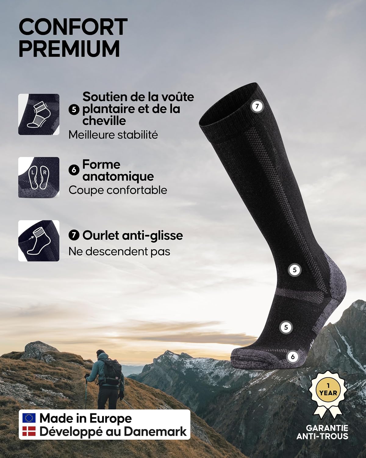 Detalle de Chaussettes de randonnée en laine mérinos DANISH ENDURANCE (montantes jusqu’au genou) – Lot 1 ou 3